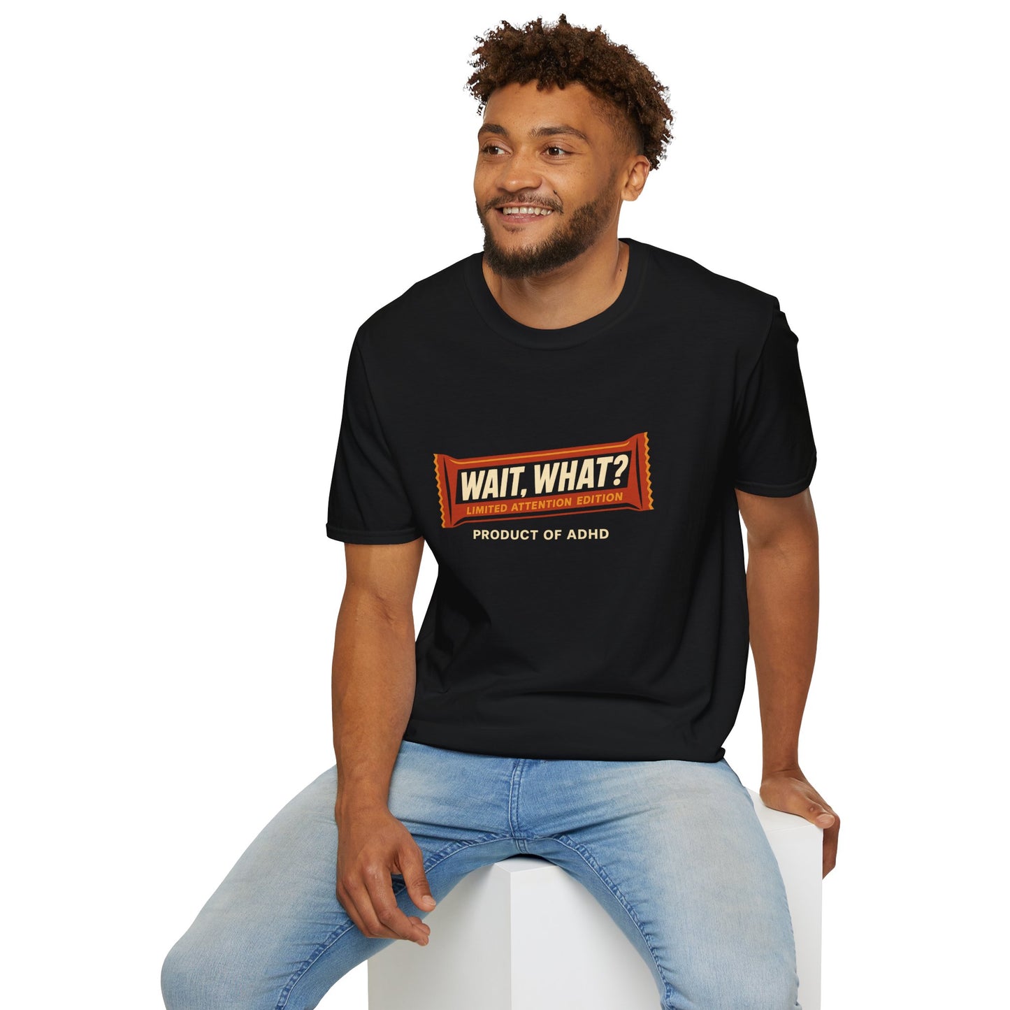 "Wait, What?" ADHD Candy Bar Tee – Parody Graphic T-Shirt Novelty Tee