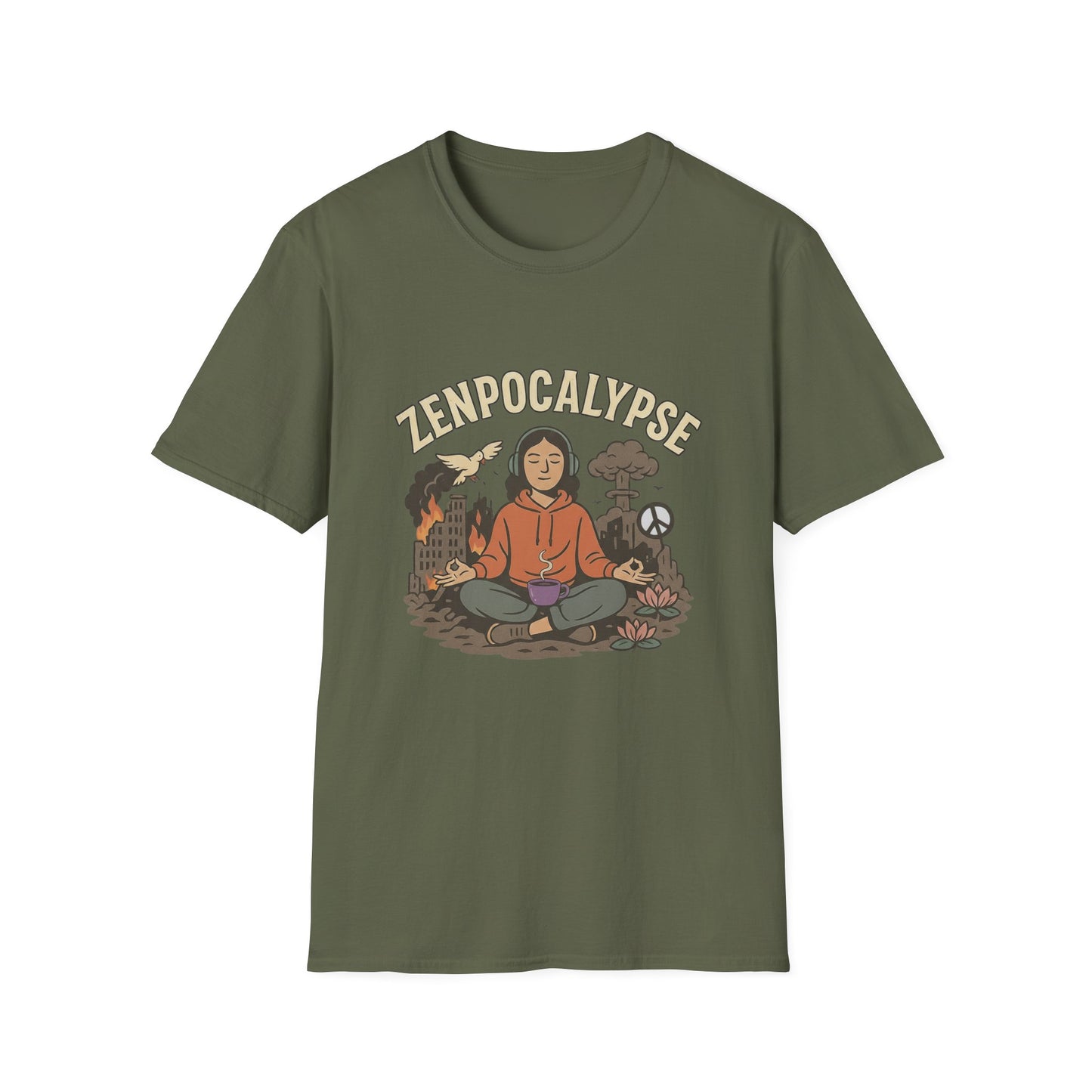 Zenpocalypse Unisex Softstyle T-Shirt | Relaxation & Mindfulness Tee for the End of the World
