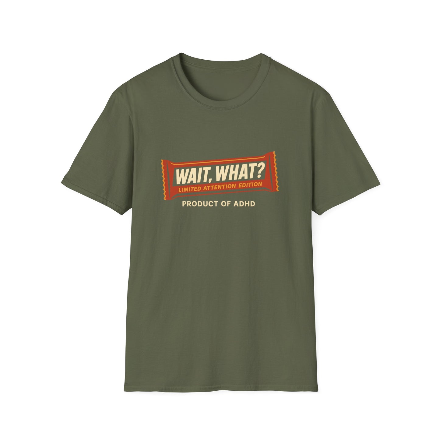 "Wait, What?" ADHD Candy Bar Tee – Parody Graphic T-Shirt Novelty Tee