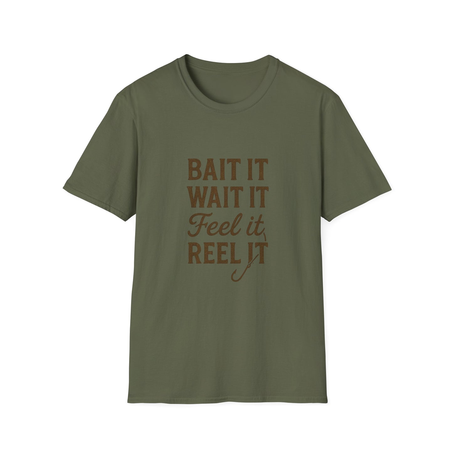 Fishing Quote T-Shirt – “Bait It, Wait It, Feel It, Reel It” Cotton Tee