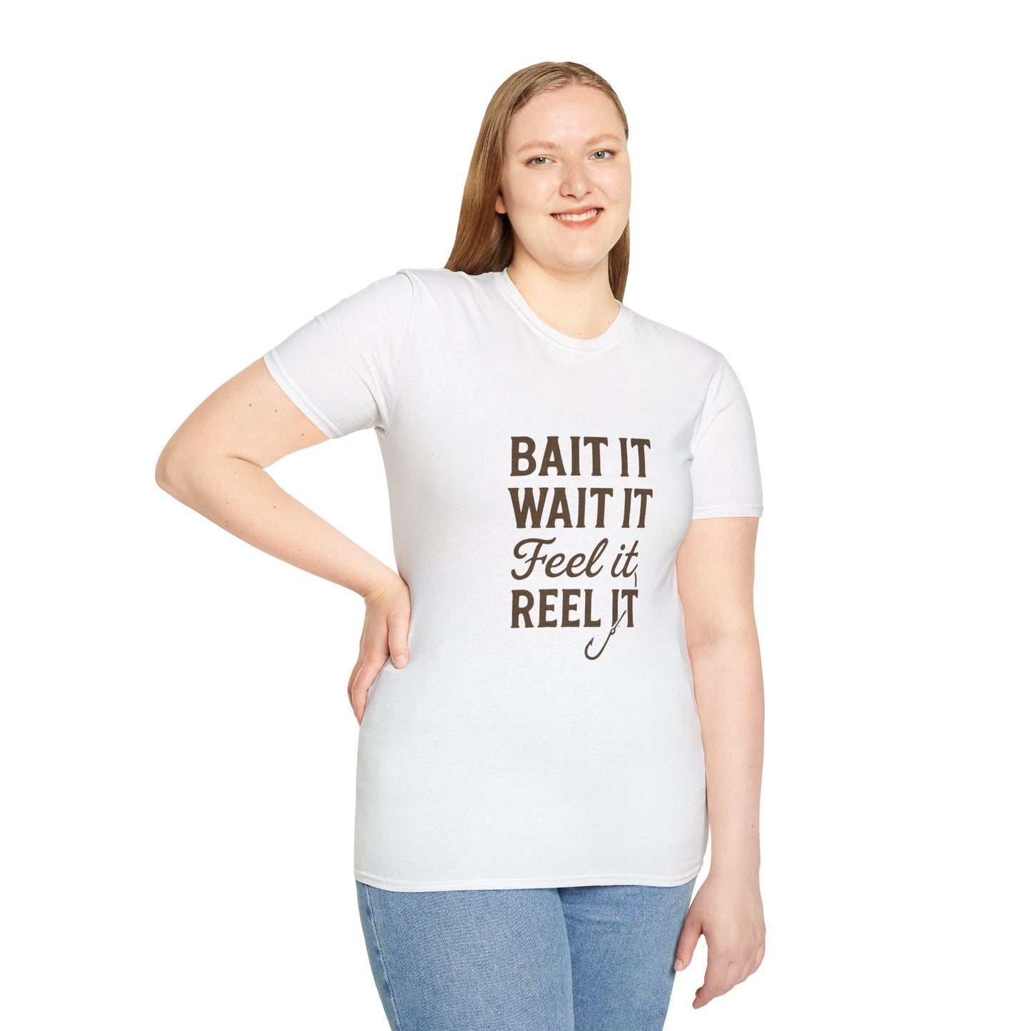 Fishing Quote T-Shirt – “Bait It, Wait It, Feel It, Reel It” Cotton Tee