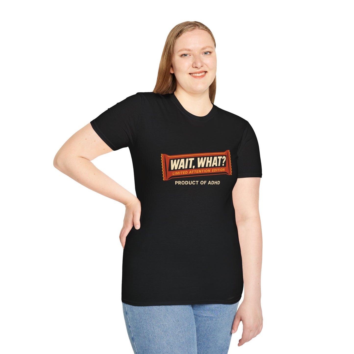 "Wait, What?" ADHD Candy Bar Tee – Parody Graphic T-Shirt Novelty Tee