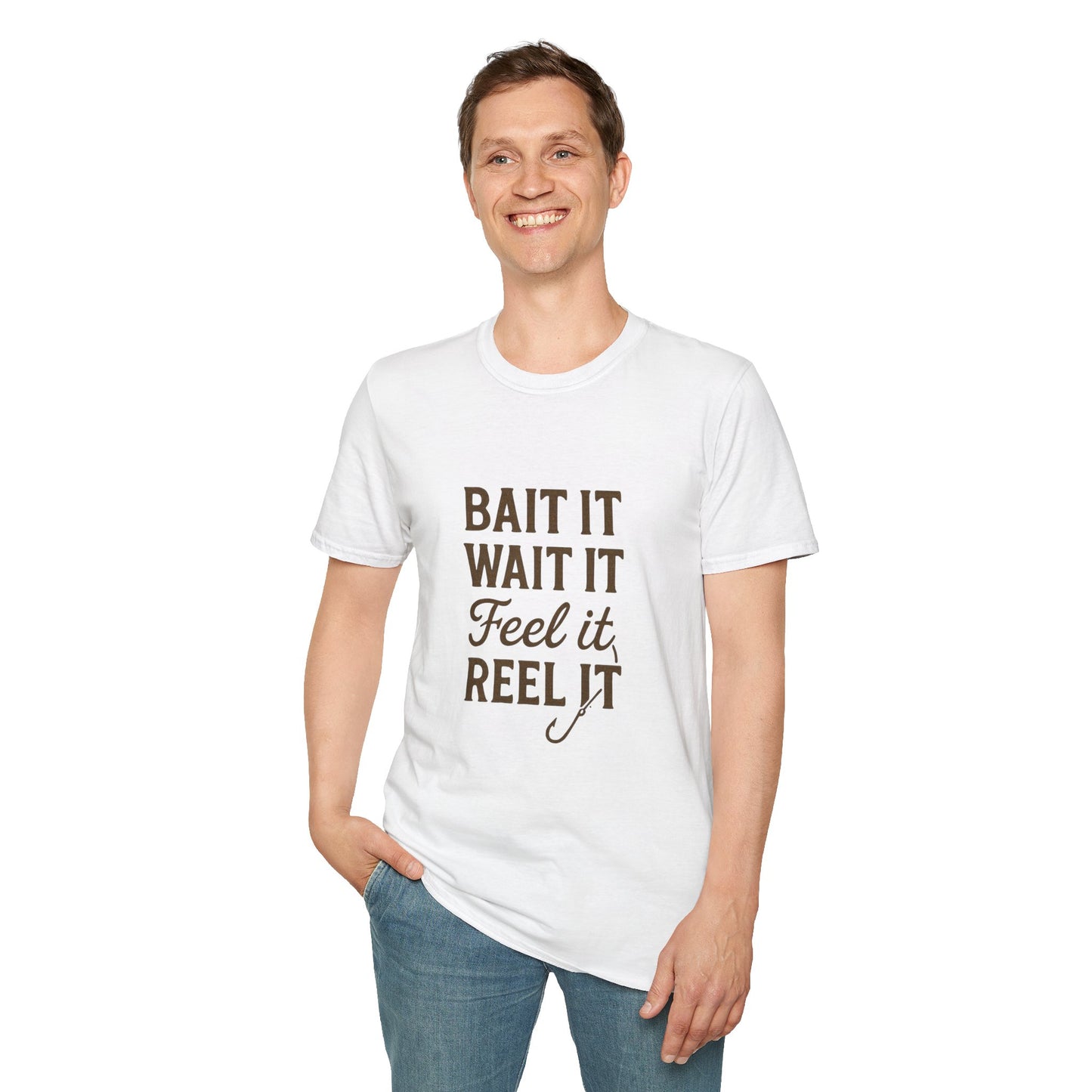Fishing Quote T-Shirt – “Bait It, Wait It, Feel It, Reel It” Cotton Tee
