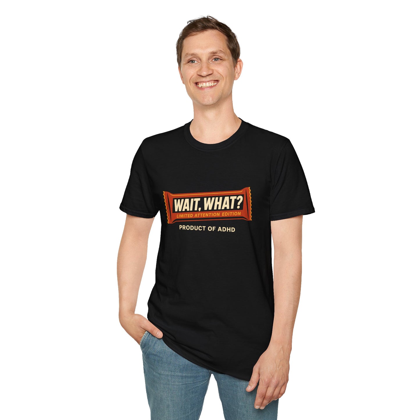 "Wait, What?" ADHD Candy Bar Tee – Parody Graphic T-Shirt Novelty Tee